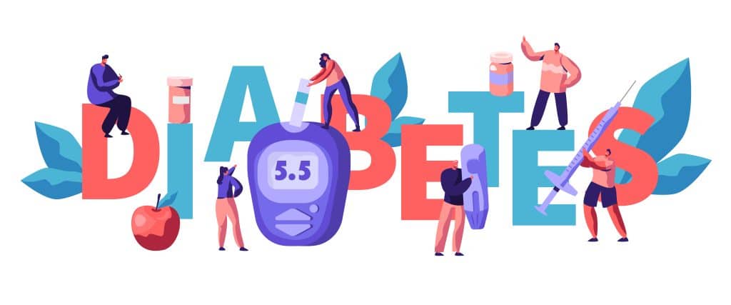 Diabetes word with people illustrated around the letters