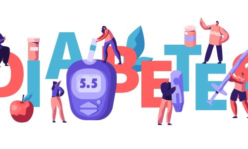 Diabetes word with people illustrated around the letters